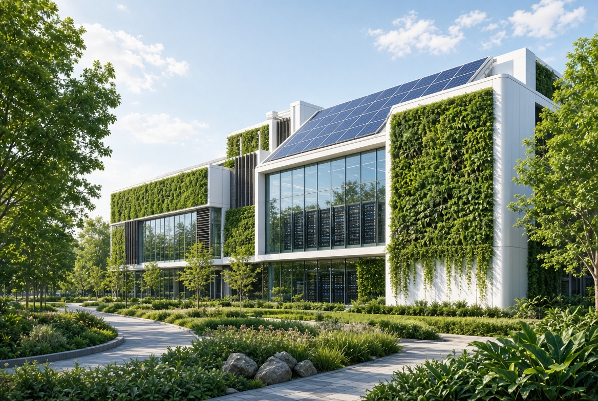 Sustainable data center integrated with green park and solar panels
