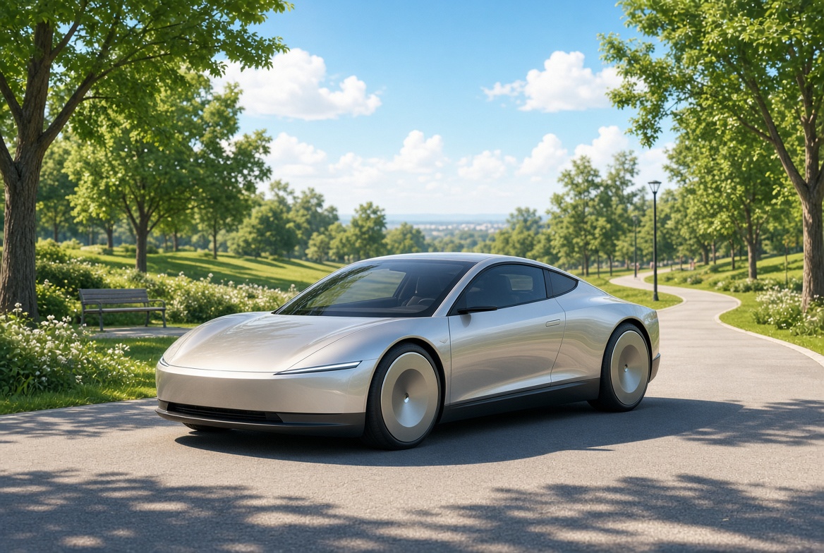 Futuristic self-driving vehicle in a green park — symbol of efficient autonomous systems